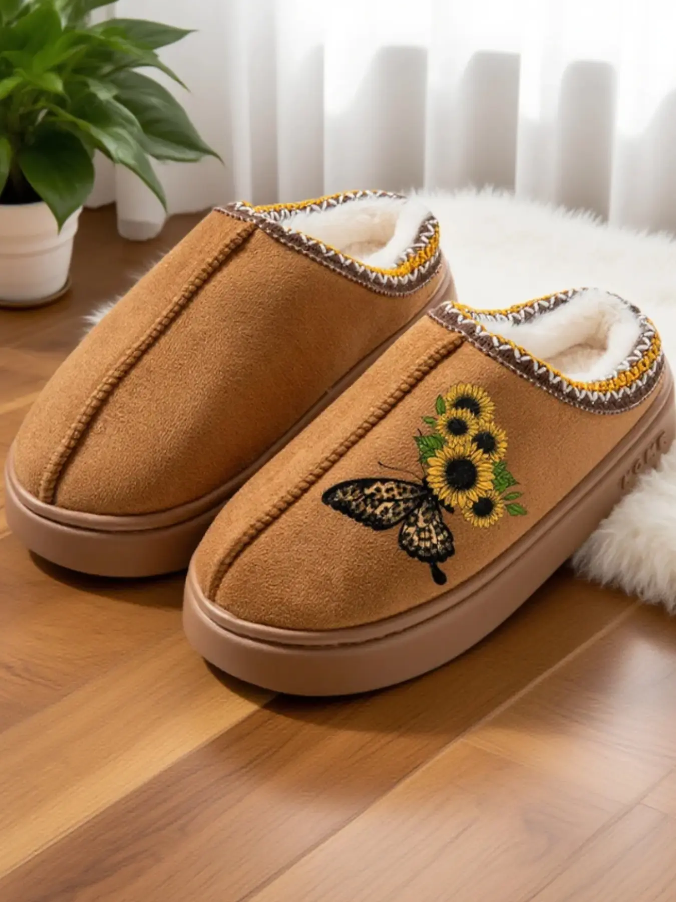 Women's Fall Winter Casual Butterfly Sunflower Slippers, Butterfly Pattern Slippers, Comfortable Soft Thick Sole Non-Slip Warm Indoor Outdoor Home Shoes Footwear, Thick Soled Slippers, House Slippers
