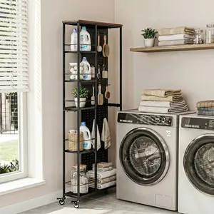 Slim Rolling Storage Cart with Movable Pegboard, 5-Tier Mobile Utility Cart & Gap Organizer for Laundry, Craft Room & Kitchen