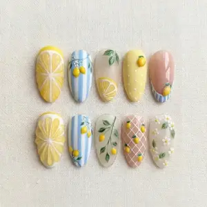 Handmade Gel Press On False Nails, Summer Lemon Fresh Citrus 3D Fruit Set, Yellow-Blue Cute Nail Art Decoration for Spring-Summer Use