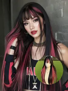 Black With Pink Highlights Synthetic Hair Wig with Bangs Long Straight Black Highlight Red Wig For Women Cosplay Party Christmas Wig 26inch Heat Resistant Wigs