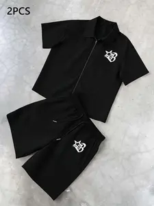 2PCS Men's Casual Tracksuit: Zip-Up Short Sleeve Shirt + Shorts Set | Stylish, Graphic Star B Logo | Lightweight, Breathable Fabric for Daily Wear, Streetwear & Summer Outfits | Comfy Elastic Waistband | All-Black Minimalist Look | Perfect for Gym, Loungi