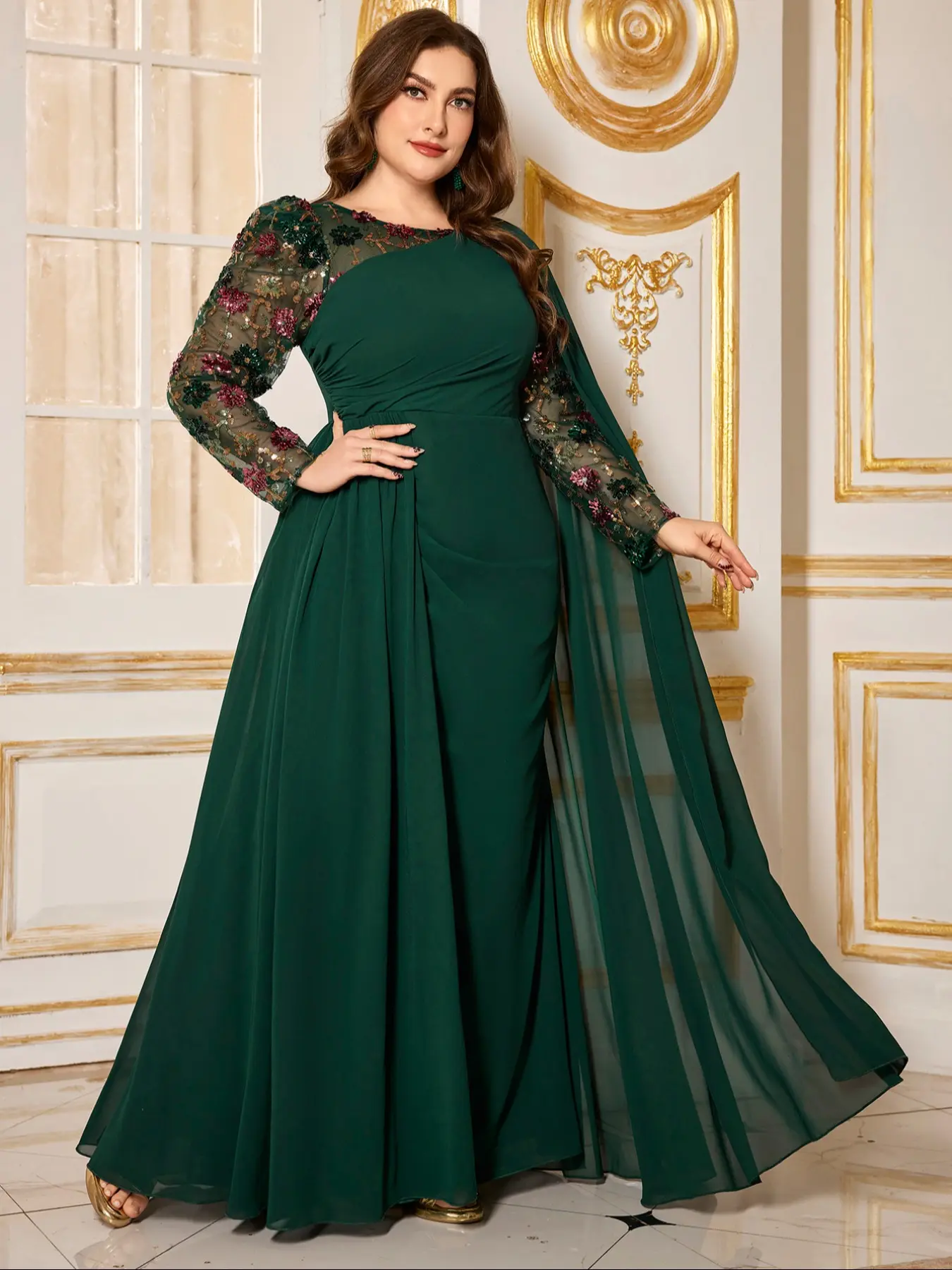 Elegant Plus Size Round Neck Luxury Beaded Embroidered Patchwork Long Dress, Split Back Tailored Evening Party Gown, Formal Occasion Wear Embroidery