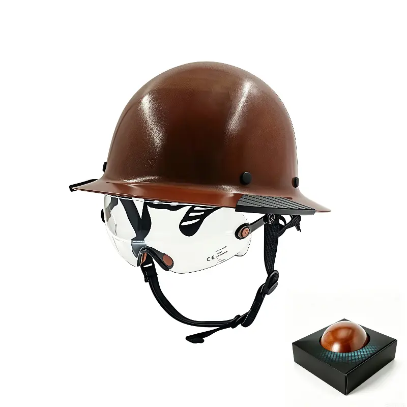 LOEBUCK Gloss Brown Glass Fiber Wide Brim Safety Hard Hat with Built-In Clear Protective Goggles, Lightweight Fiberglass Industrial Work Hard Hat for Outdoor Engineering