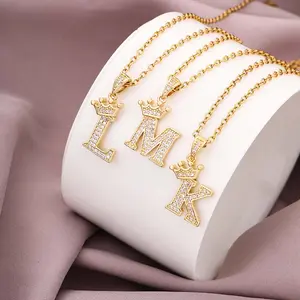 Dainty Gold Pave Letter Necklace - Crown Cubic Zirconia Pendant, Clavicle Jewelry, 26-Letter Initial Accessory, Modern Fashion Birthday Gift