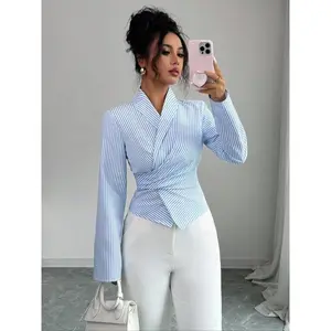 Casual Striped Wrap Shirt Dress, Slim-Fitting Office Wear, Women's Fashionable Long Sleeve Top, Comfortable Commuter Style