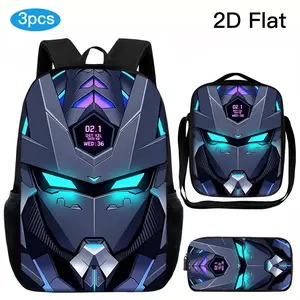 Futuristic Mecha Robot 3-Piece Backpack Set, LED Eyes Print School Bag + Lunch Bag + Pencil Case, Oxford Cloth Adjustable Strap Daypack for Kids & Teens
