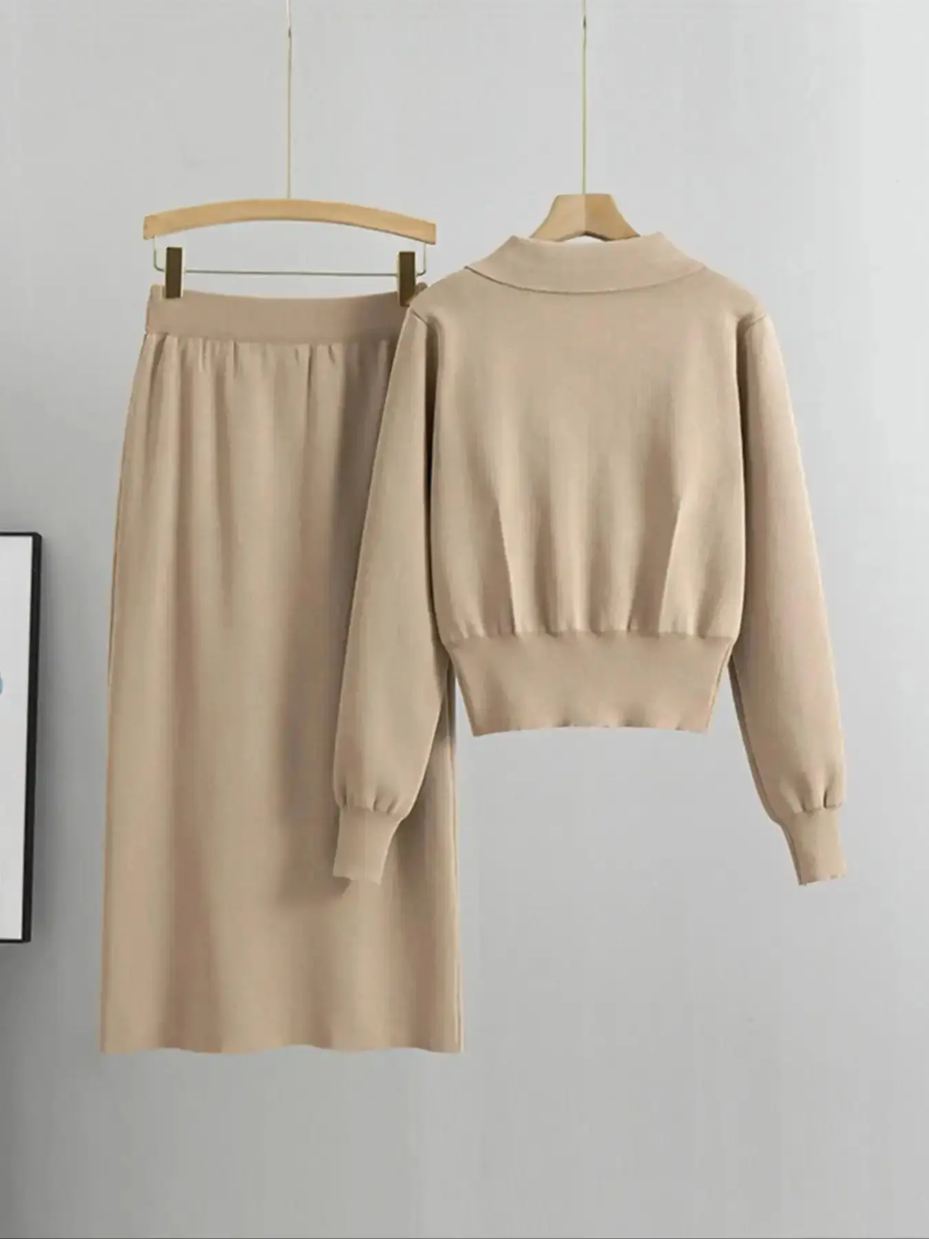 Contemporary Elegant French Style Women's Winter Fashion Set Chic Look, Clothes, High-Quality Thick Fabric Lapel Dress & Knitted Sweater Cardigan, Fitted, Slim Fit, Back-To-School Season, Womenswear, Cold Weather