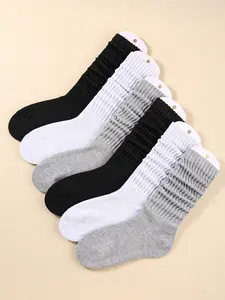 Women's 6 Pairs Solid Slouch Crew Socks, Casual Comfortable Breathable Mid Calf Socks for Daily Wear Multipack Knit Hosiery for All Seasons Casual Stylish Socks Sock Packs