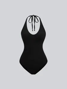 Women's Summer U-Neck Halter Knit Bodysuit: Adjustable Tie-Back Detail & Backless Open Back Design - Solid Color Chic Slim-Fit Cover-Up for Beach Days & Casual Outings