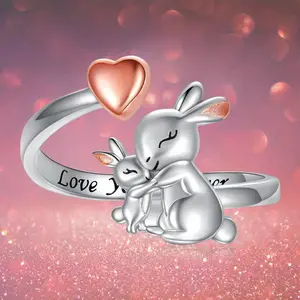 To My Daughter Gift, Stress Relief Fidget Ring for Anxiety Relief,Cute Rabbit Family Ring for Women Men Double Color Animal Jewelry Adjustable Opening Design Mother and Child Love Gift Trendy Accessories