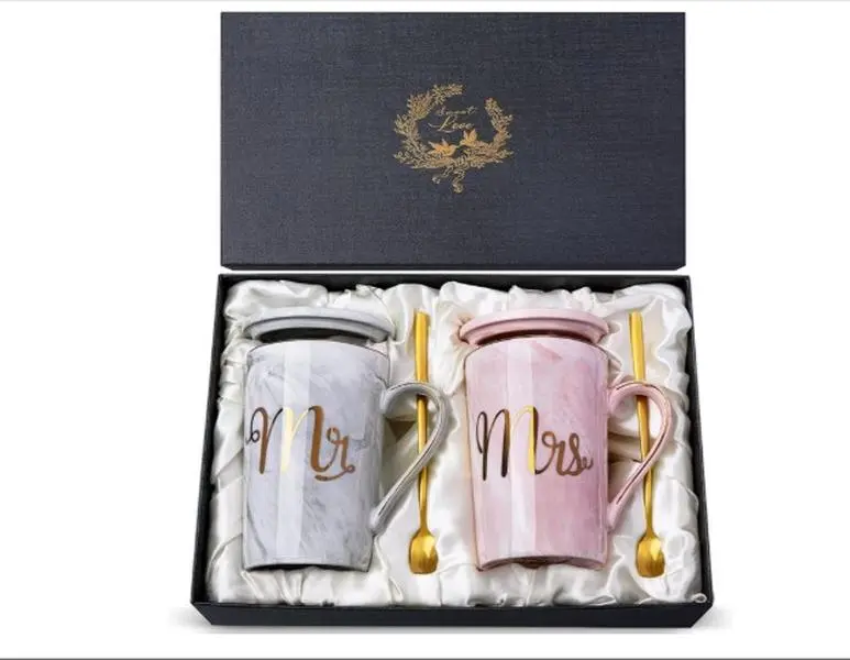 Biching Wedding Gifts for Couples 2025, Couple Gift for Anniversary - 14oz Ceramic Marble Mr and Mrs Mugs Set, Present for Bridal Shower Engagement Bride and Groom, with Greeting Card, Luxury Gift Box