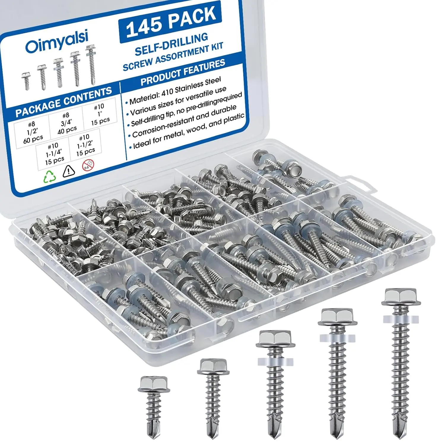 145 PCS 410 Stainless Steel Hex Head Self-Tapping Screws Kit - #10 with Washers, Strong Thread Hold, Rust-Resistant for Metal/Wood Siding, Roofing Fixtures, DIY Projects