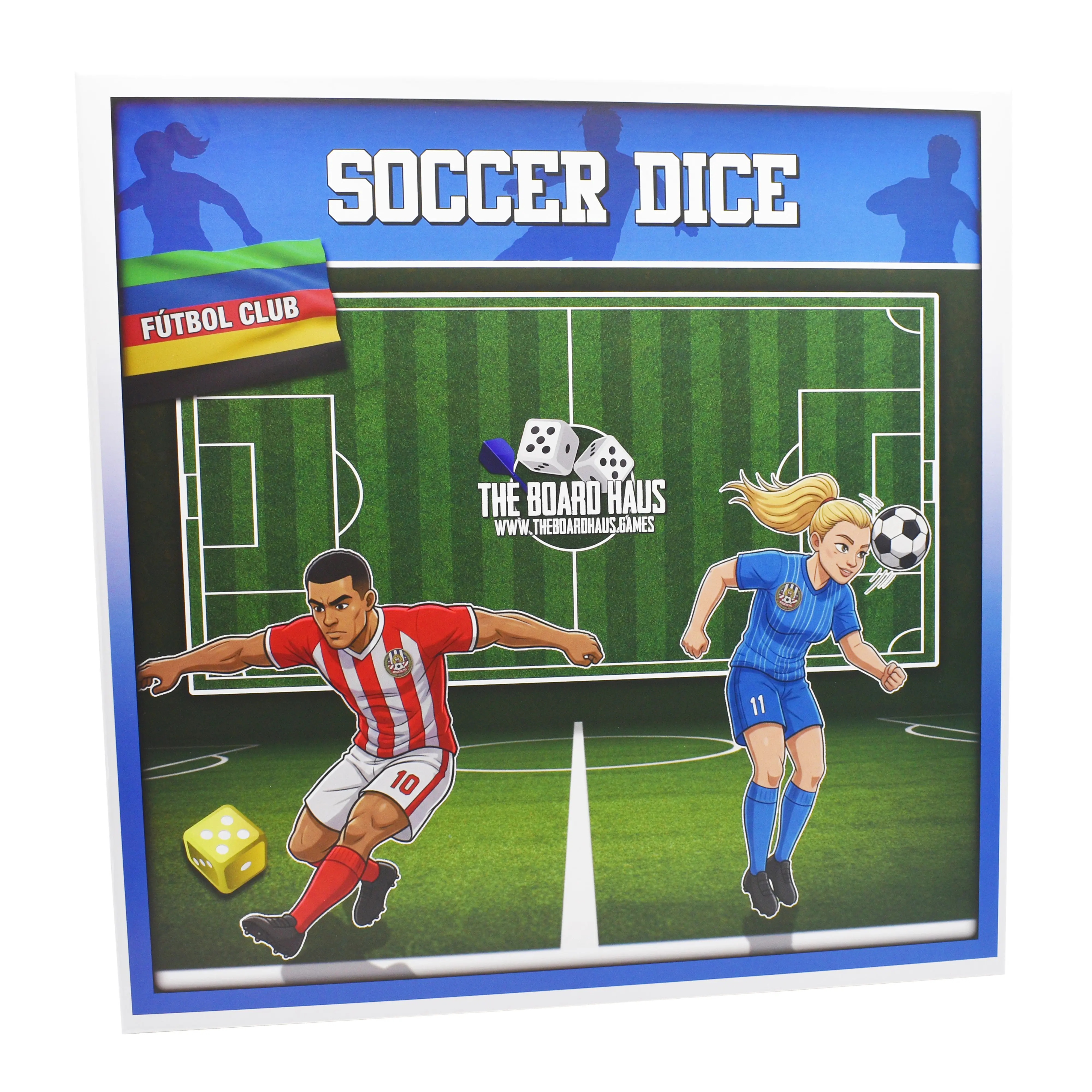 The Board Haus Soccer Dice Board Game for Up to 6 Players Includes Board, 3 Dice, Soccer Marker, Red/Yellow Cards, Defender Pieces, Dry Erase Marker, and Instructions