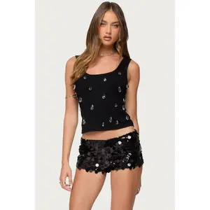 Zelena Faux Crystal Ribbed Tank Top