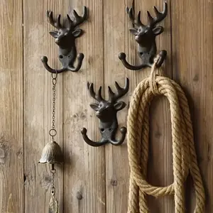 Vintage Cast Iron Deer Antler Wall Hook, Rustic Farmhouse Double Hook for Coats & Keys, Heavy-Duty Wall-Mounted Decor, Country Style
