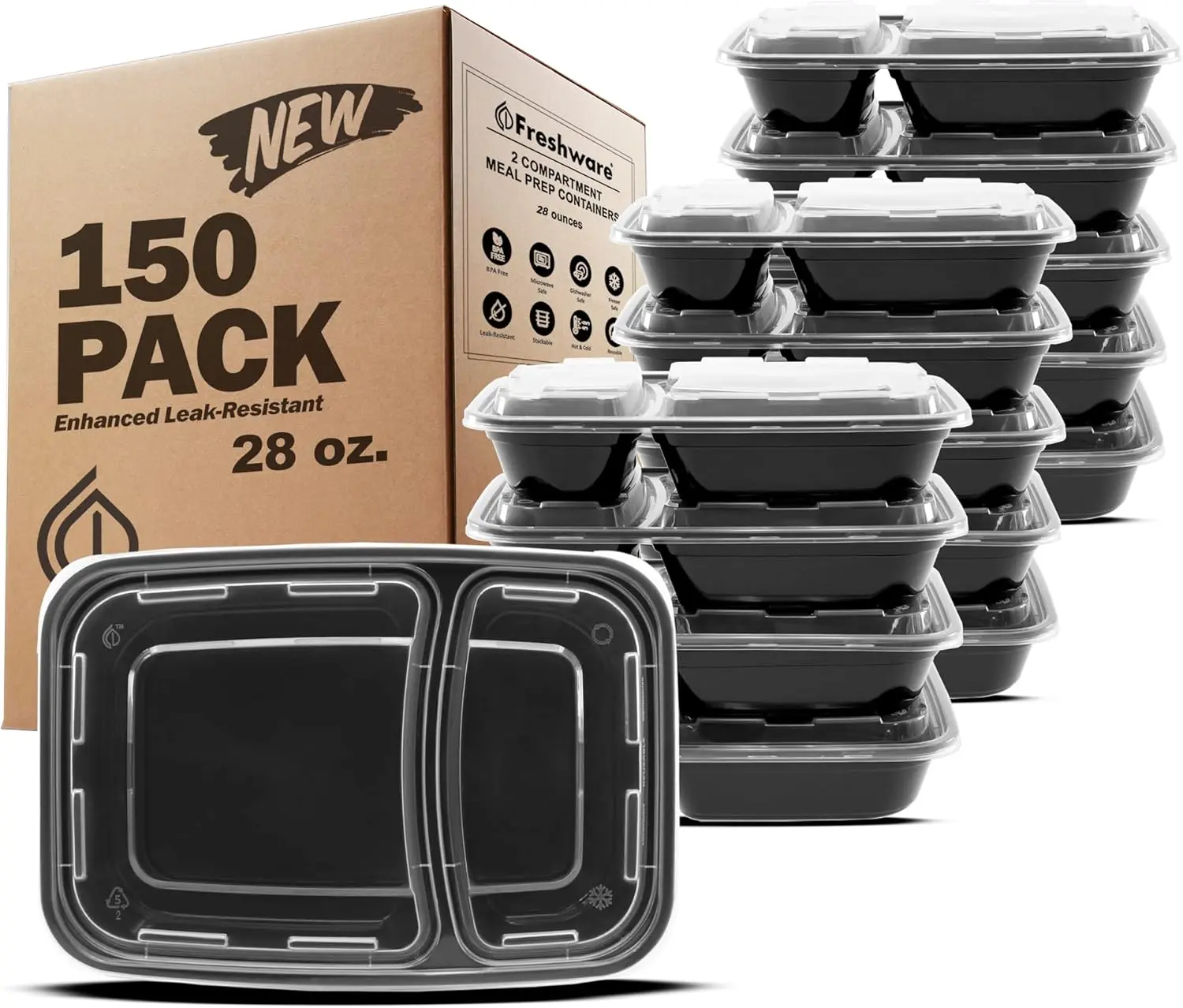 FRESHWARE 2-Compartment Sturdy Plastic Food-Safe Divided Containers, 150-Pack 28oz Reusable BPA-Free Portion-Controlled Anti-Leak Lidded Hygienic Double-Compartment Containers - Stackable, Microwave/Dishwasher/Freezer Safe, Food-Safe Food Containers