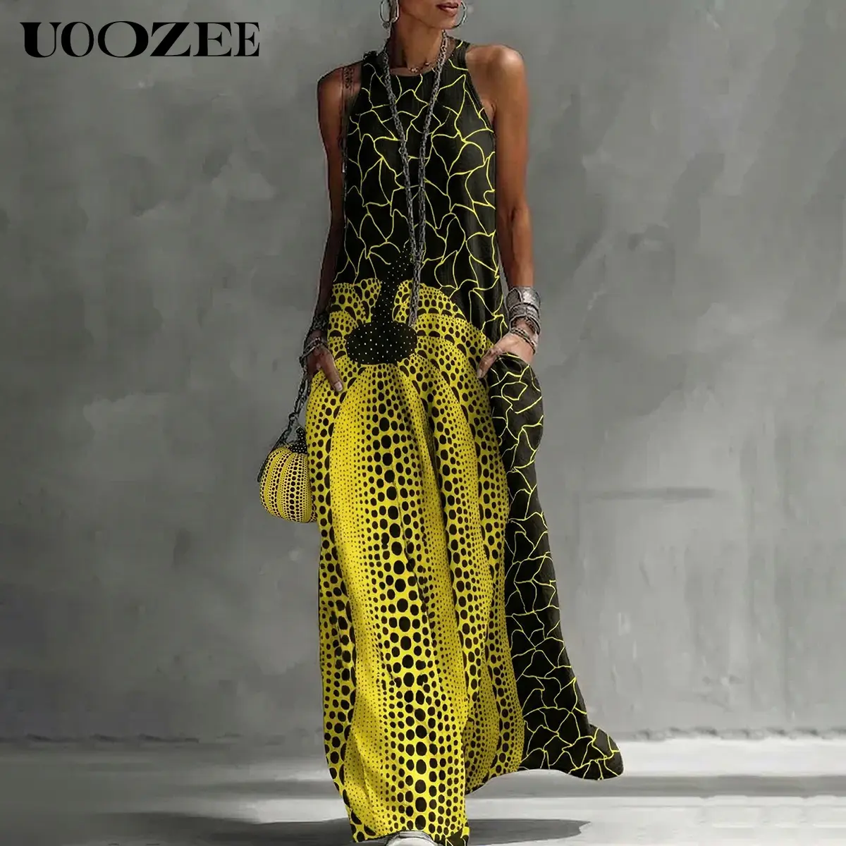 UOOZEE Women's Woven Comfortable Summer Bohemian Polyester-Spandex Sleeveless Maxi Dress - Milk Silk Big-Hem Flowy Piece with Pockets & Dot Details, Casual Beach Bag-Friendly Wear (Size Up for Full Bust)