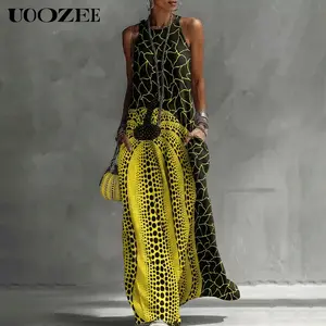 UOOZEE Women's Summer Bohemian Polyester-Spandex Fabric Sleeveless Maxi Dress - Milk Silk Big-Hem Flowy Piece with Pockets, Casual Wear Fit for Everyday Festival Outdoor Use (Size Up for Full Bust)