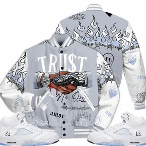 Retro White Metallic 5s Outfits Varsity Jacket, Trust No One Graphic Streetwear Sneaker Color Match Shirts