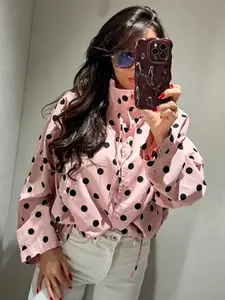Pink Polka Dot Women's Jacket Demi-Season Long Sleeve Cropped Coat Sweet Lace Up Button Up Bomber Jackets For Woman Streetwear Loose Spring Coat Windbreaker Jacket