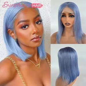 Light Blue Bob Traceless Wearable Wig| 150% Density Human Hair| 13x4 HD Lace Net| Holiday Essential Silky Straight Hair