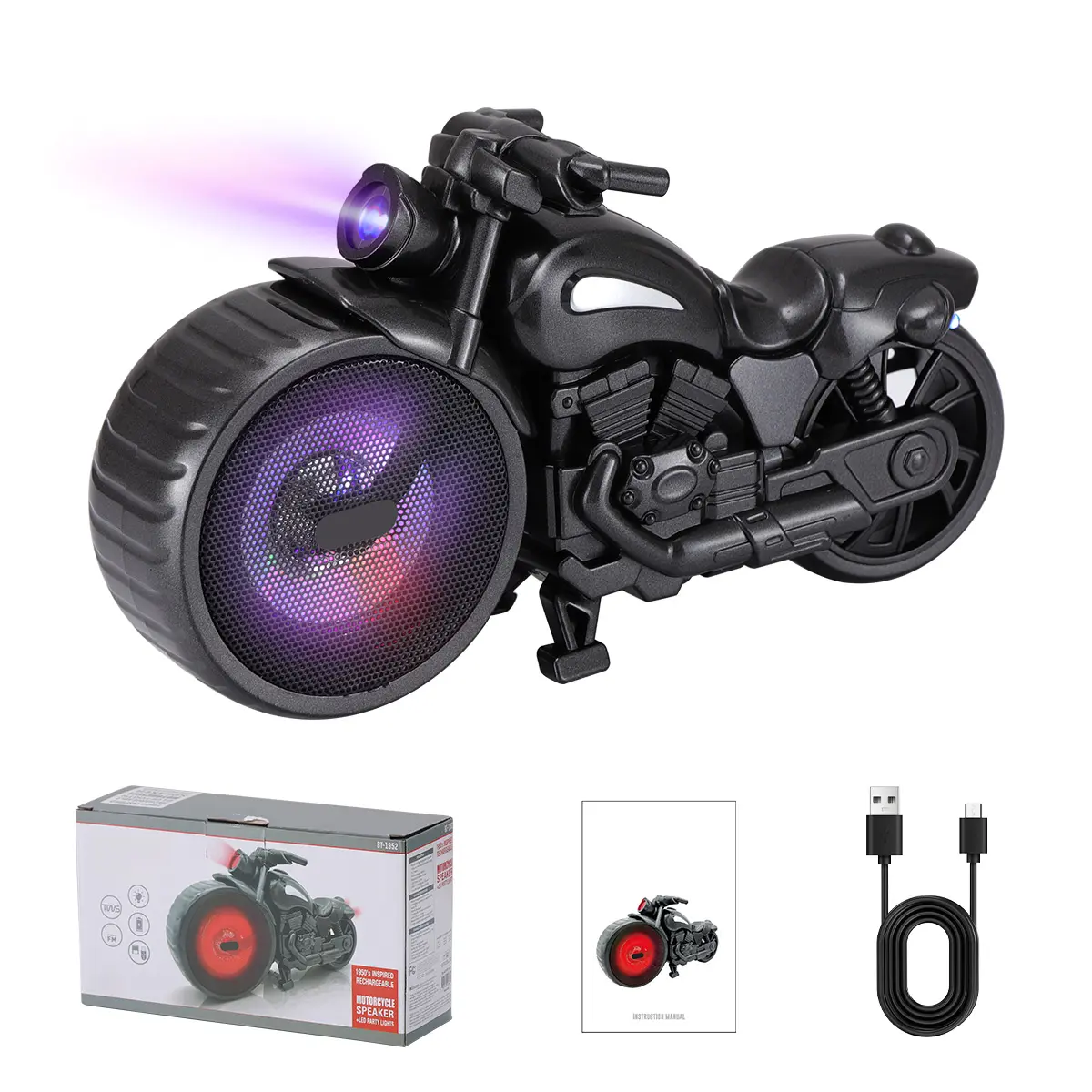 Bluetooth Speaker Motorcycle Replica Retro Ride Built-in Microphone, FM Radio and LED Party Lights, TWS Function Charging Audio