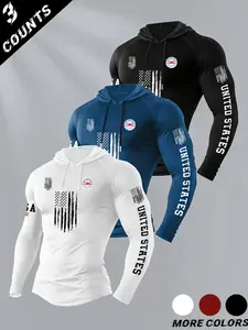 Men's Classic 3-Piece Set Letter Flag Print Hooded Long Sleeve T-Shirt, Casual Fitted Top for Fall & Winter Gym Wear, Athletic Wear, Casual Sports Wear