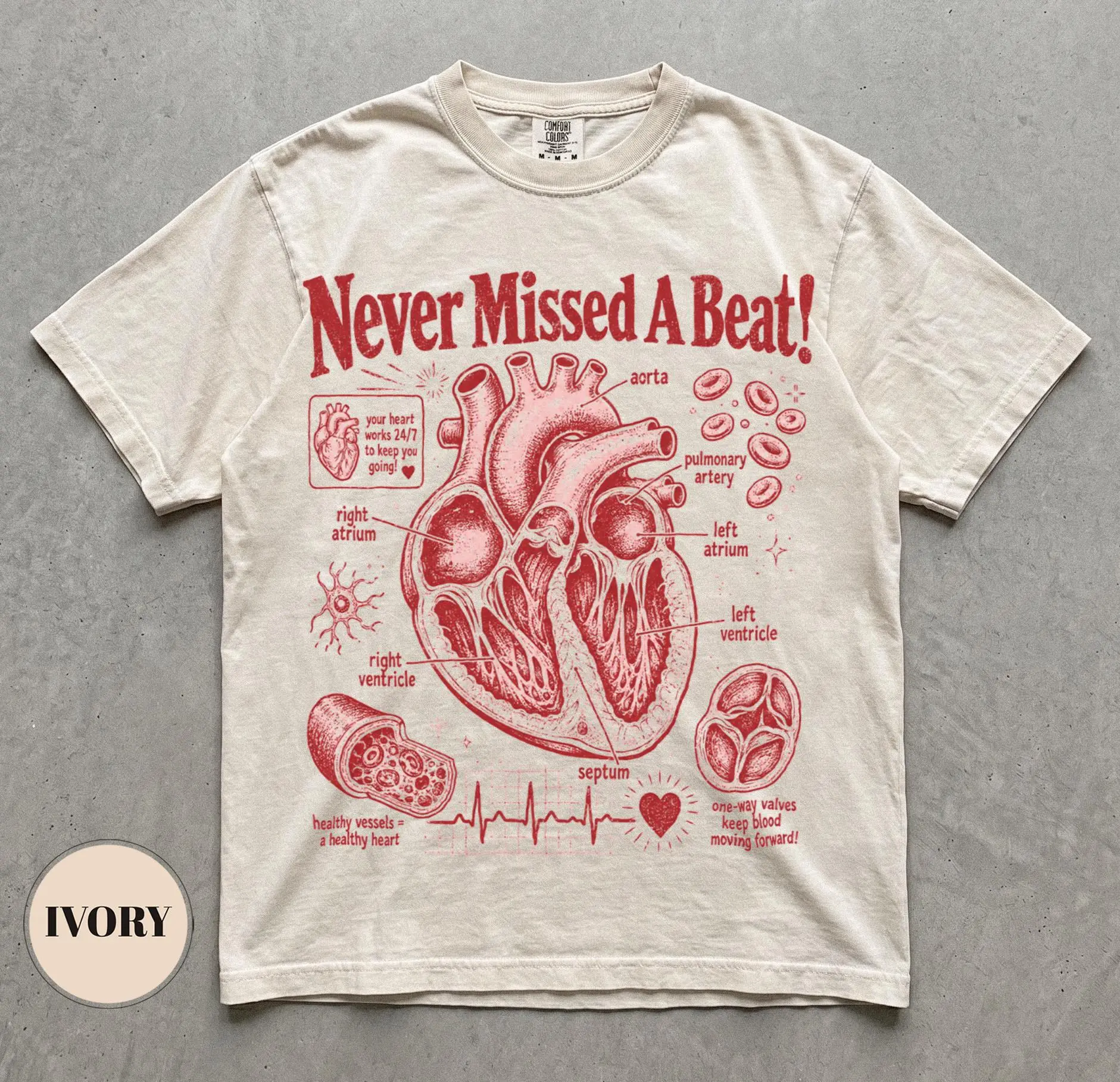 Never Missed A Beat Anatomical Heart Shirt, Cardiology Gift, Human Anatomy Diagram Tee, Nurse Cardiac Nursing Student, Medical Science Top