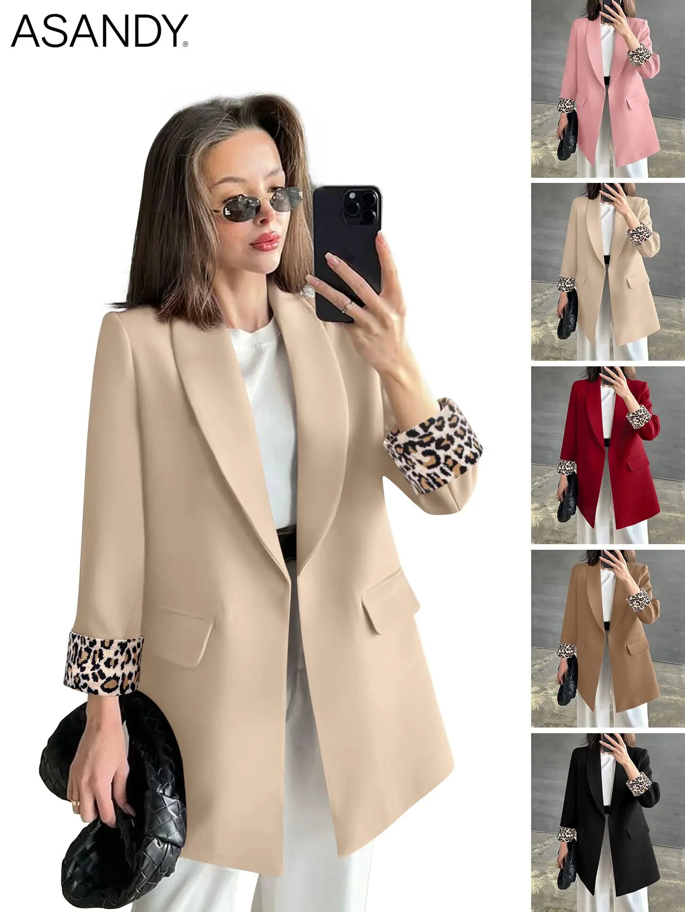 ASANDY Women's Blazer, Elegant Open Front Jacket with Leopard Print Cuffs, Elevated Casual Workwear for Office and Party, Elevated Casual Outerwear, Blazer + Cardigan In One, Leopard Cuff
