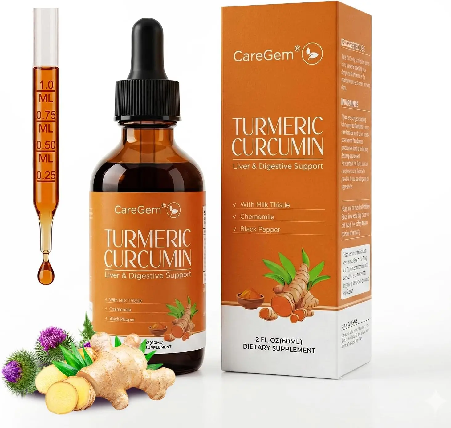 Turmeric Curcumin & Milk Thistle Liquid Drops for Liver Health Support | Herbal Blend with Dandelion, Chamomile, Black Pepper & Ginger | Orange Flavor | 2 fl oz