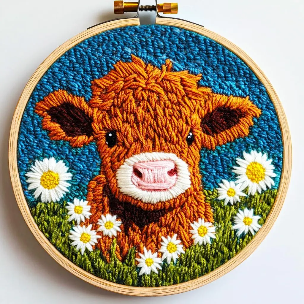 DIY Punch Needle Starter Kit for Beginners, Cute Cartoon Highland Cow with Daisy Flower, Hoop Embroidery Kits, 20x20cm Craft Set for Adults & Kids, Festival Gift & Decoration-1