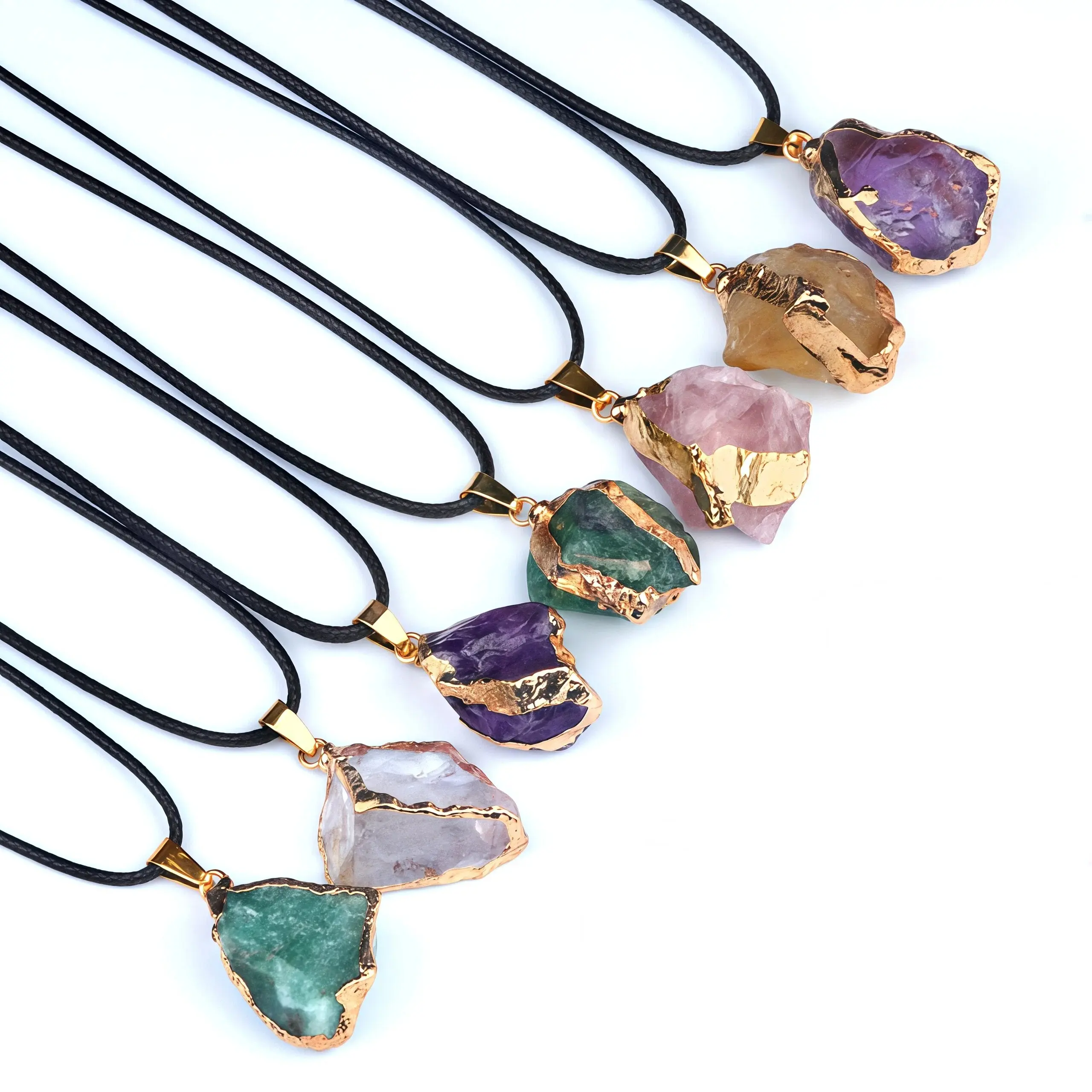 25-35mm Natural Raw Crystal Gold Plated Pendant Necklace Irregular Rough Amethyst Rose Quartz Clear Quartz Stone Adjustable Wax Rope Jewelry