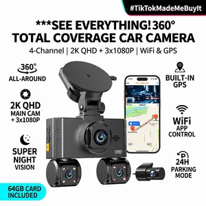 Must-Have for Rideshare/Uber: 4 Channel 360° Dash Cam (Front/Rear/Inside) w/ WiFi & 64GB Card Front Rear Inside Car Camera for Full Protection