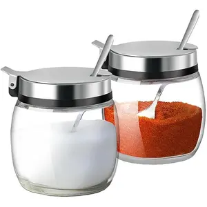 2 count Sugar Salt Container Set,8 oz glass jar with lid and spoon for storing condiments,coffee,sugar cubes,spices and more