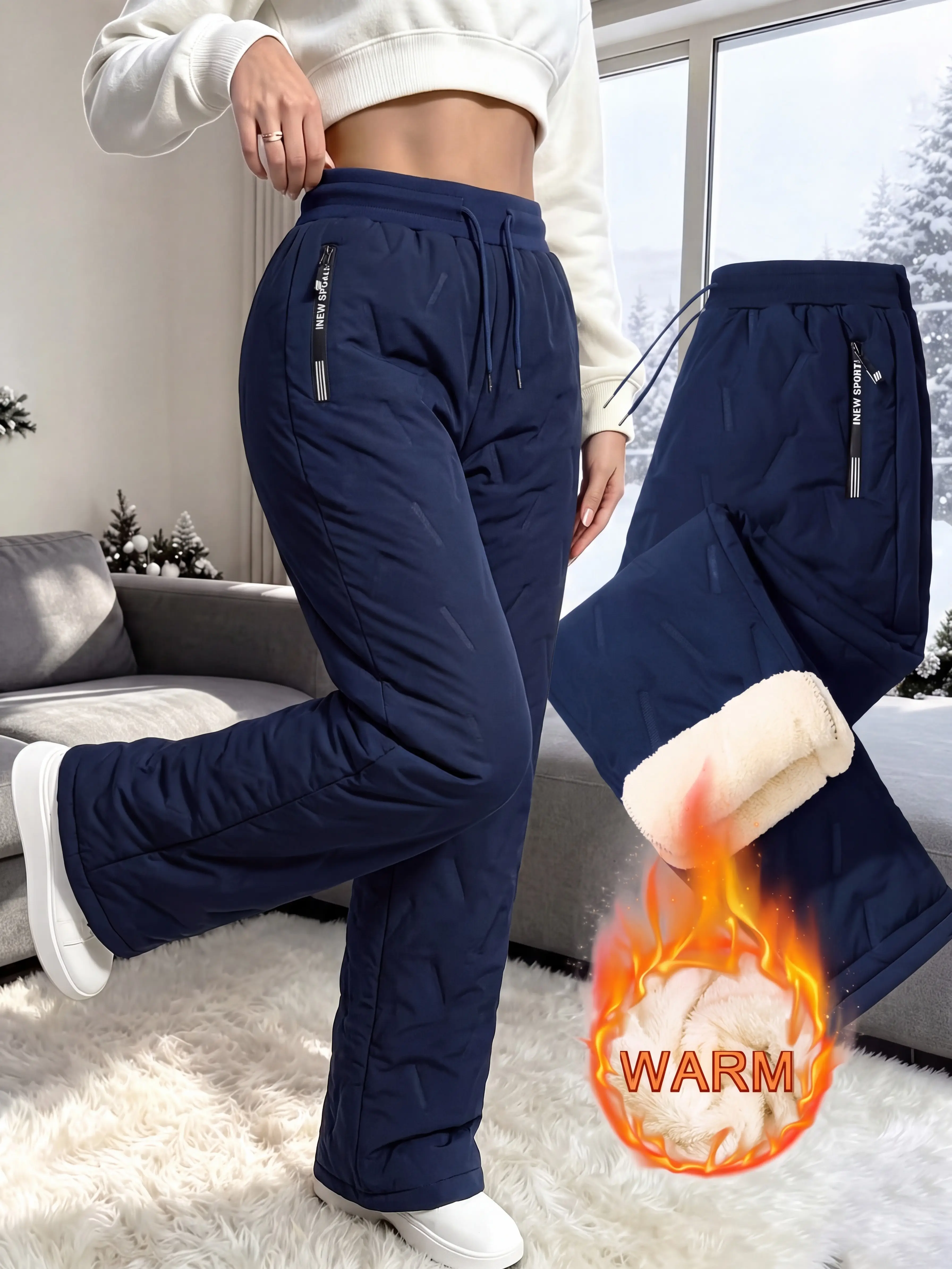 Clean Gent women’s long pants for autumn/winter, fleece-lined warm casual athletic trousers with elastic waistband drawstring and slanted zippered pockets; windproof, insulated long pants suitable for everyday home wear, outings, and hiking during winter.