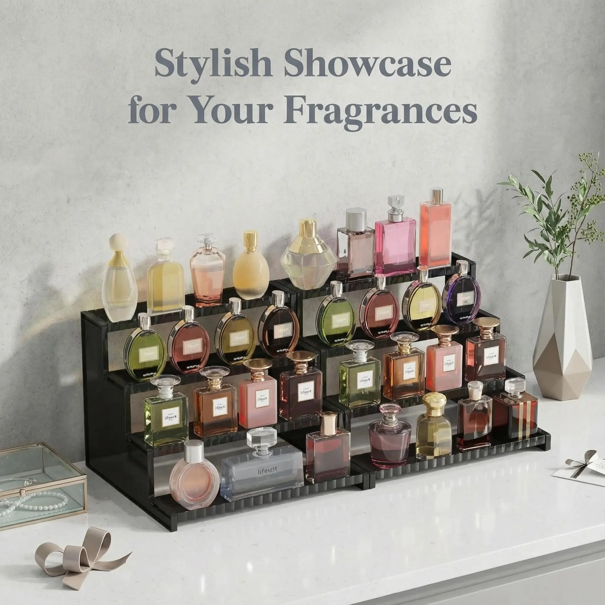 Lifewit 12 Inch 4 Tier Black Display Stand with Decorative Fences for Cologne, Fragrance, Figures, Cupcakes & Perfumes, Versatile Storage for Vanity, DealsForYouDays, summerwins