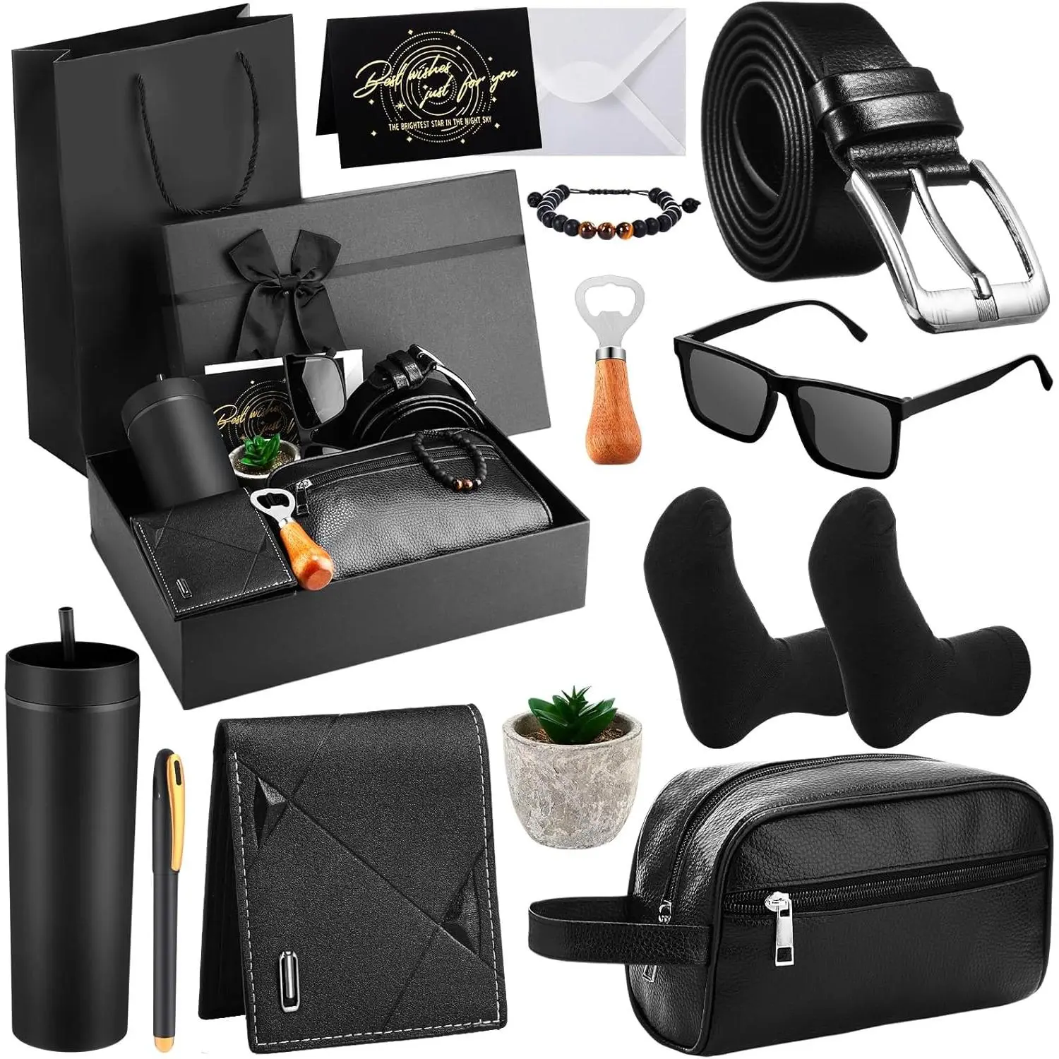 13-Count Plastic Gift Basket Set for Men, 16 oz Tumbler, Wallet, Toiletry Bag, Belt, Sock, Bottle Opener, Bracelet, Glasses, Pen (Ideal for Dad, Boyfriend)