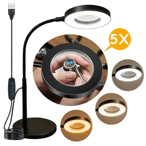 LED Magnifying Lamp with a Round Base And Clip, Featuring a 360-Degree Rotating Head, Three Color Modes, Lighting Modes Adjustable, And Stepless Dimming Adjustable Arm, Suitable for Close-Up Work, Reading, Office Tasks, Repairs, And Welding
