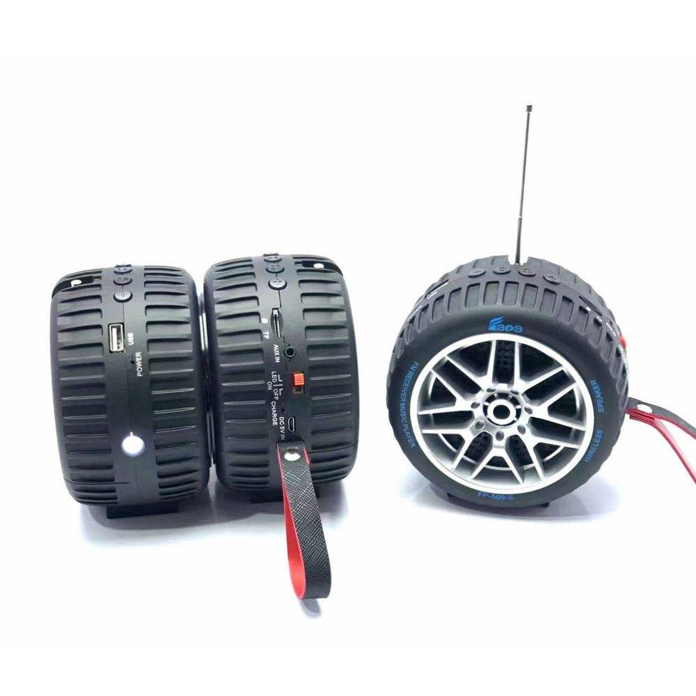Car Wheel Design Solar-Powered Portable Wireless Speaker with USB & Micro SD Card Slots, Detachable Strap, Rechargeable Battery & Strong Sound Output for Universal Cell Phone and Wireless Devices