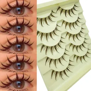 5 Pairs Brown Eyelashes Natural Wet clear band False Eyelashes Fluffy Soft Dramatic Short Thick lashes Extended makeup perfect for daily wear, vacation, Halloween, Christmas, and New Year