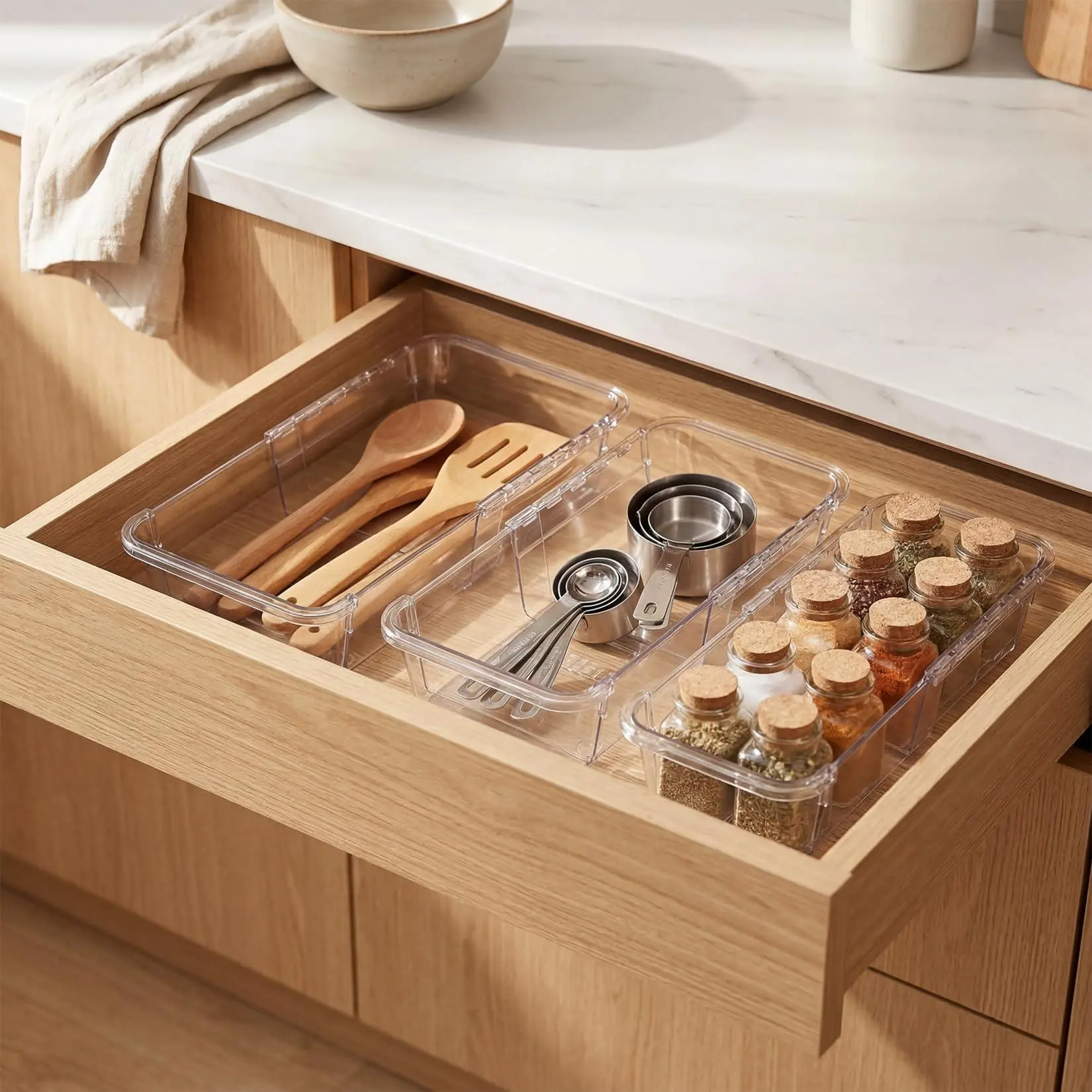 Expandable Adjustable Drawer Organizer Set – Clear PET Desk Divider Trays for Office Drawers, Kitchen, Bathroom, and Vanity – Durable Storage Bins – 15-Piece Set