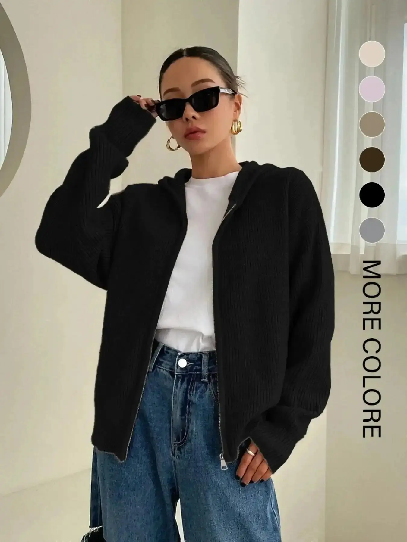 Women's Solid Basic Zip-Up Hooded Sweater Cardigan, Casual Top, Fitted Drop-Shoulder Long-Sleeve Everyday Womenswear Women Knitwear Knitting for Fall & Winter Daily Wear date night comfy chic trending now all day comfort