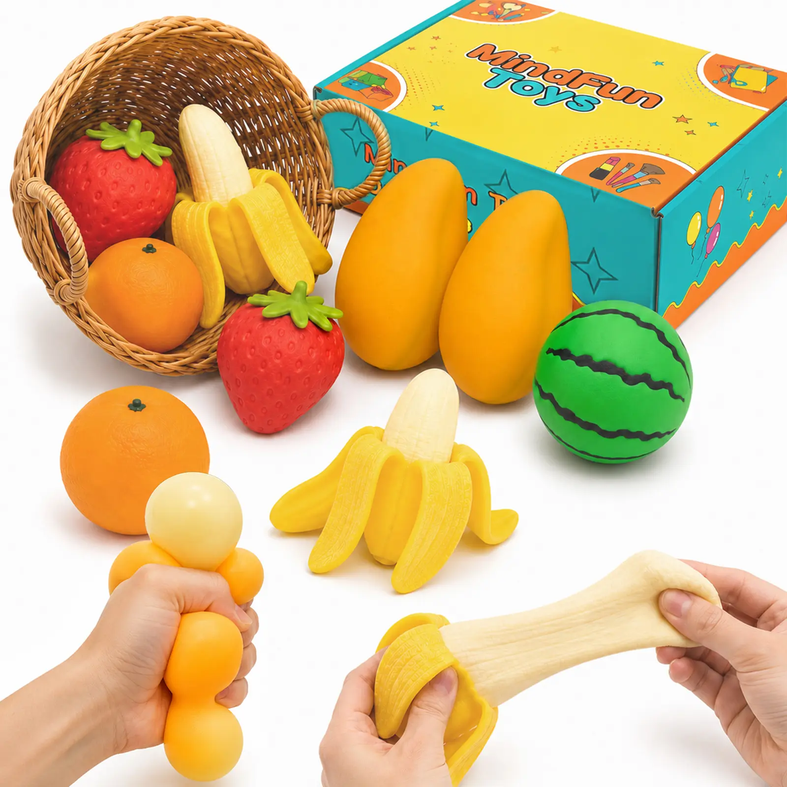 9-Piece Stress Relief Fidget Toys Fruit Squishy Set Box,Soft Sensory Squeeze Toys Fast Return Party Gift for Kids Adults