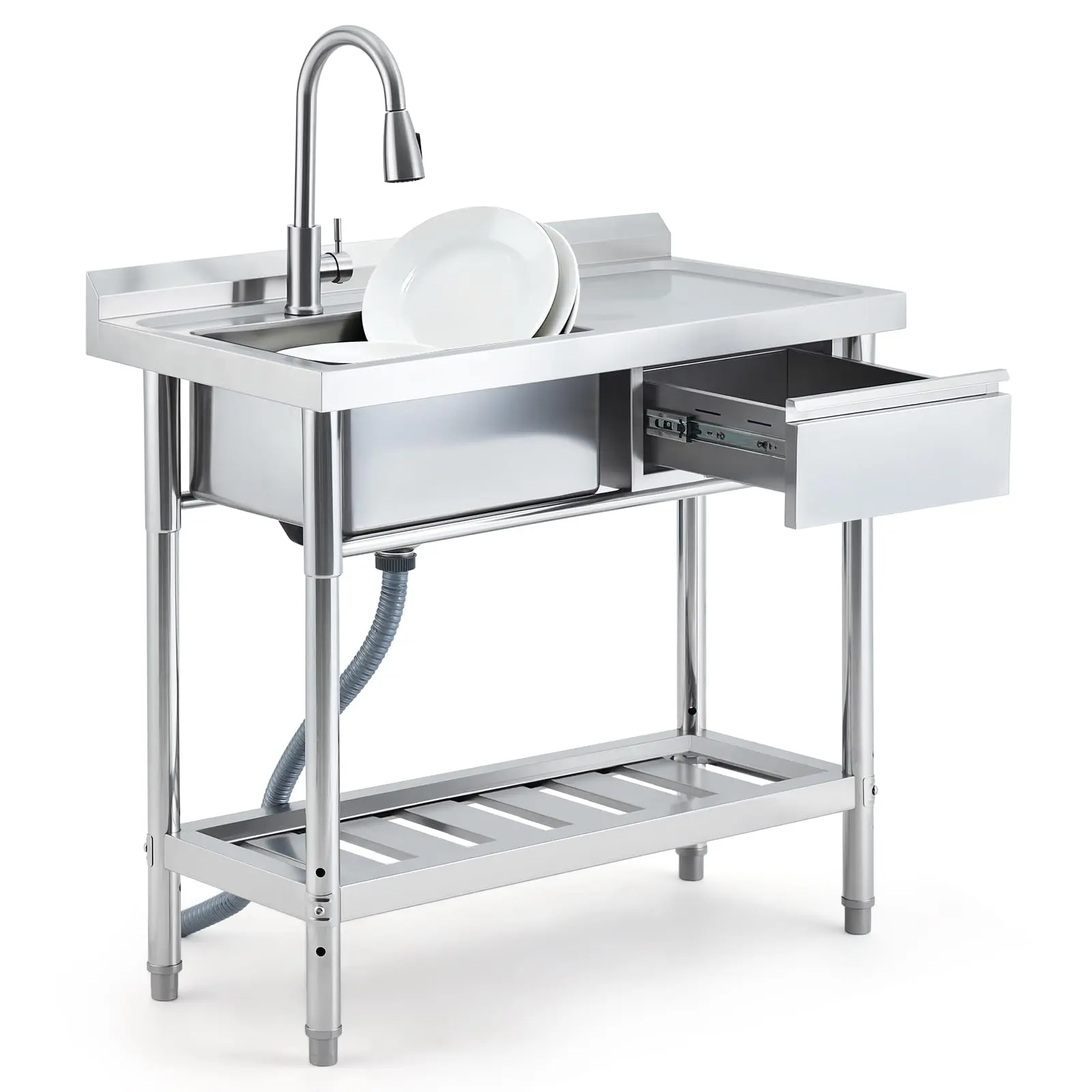 Garvee Commercial Stainless Steel Kitchen Sink with Single 99 cm Bowl, Preparation Countertop, Removable Faucet, Workbench, and Storage Drawer