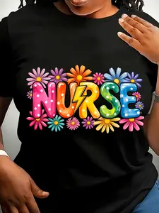 Plus Size - Plus Size - Plus Size Women'S Clothing- Nurse Pattern T-Shirt- Floral Nurse Design, Multi-Color Floral Pattern- Soft And Stretchy, Suitable for Daily And Nursing Wear- Machine Washable