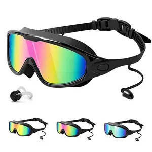 Adult swimming goggles, large frame design, electroplated lenses, waterproof and anti-fog, comes with earplugs, wide field of vision, unisex protective swimming goggles, direct wholesale from the manufacturer