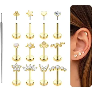 Trendy Push in Stud Earrings, 20G 18G Flat Back Earrings,Hypoallergenic Threadless Stud Multi-Pack, 14K Gold Plated 316L Surgical Steel Earring Sets, Push-in Cartilage Helix Tragus Nose Piercing Jewelry for Women