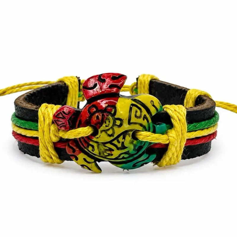Unisex Fashionable Bracelet - Handmade Puerto Rico Rasta Taino Turtle Resin Coqui Sun Symbol Leather Adjustable Bangle, Caribbean Jewelry Accessory, Friendship Bracelet
