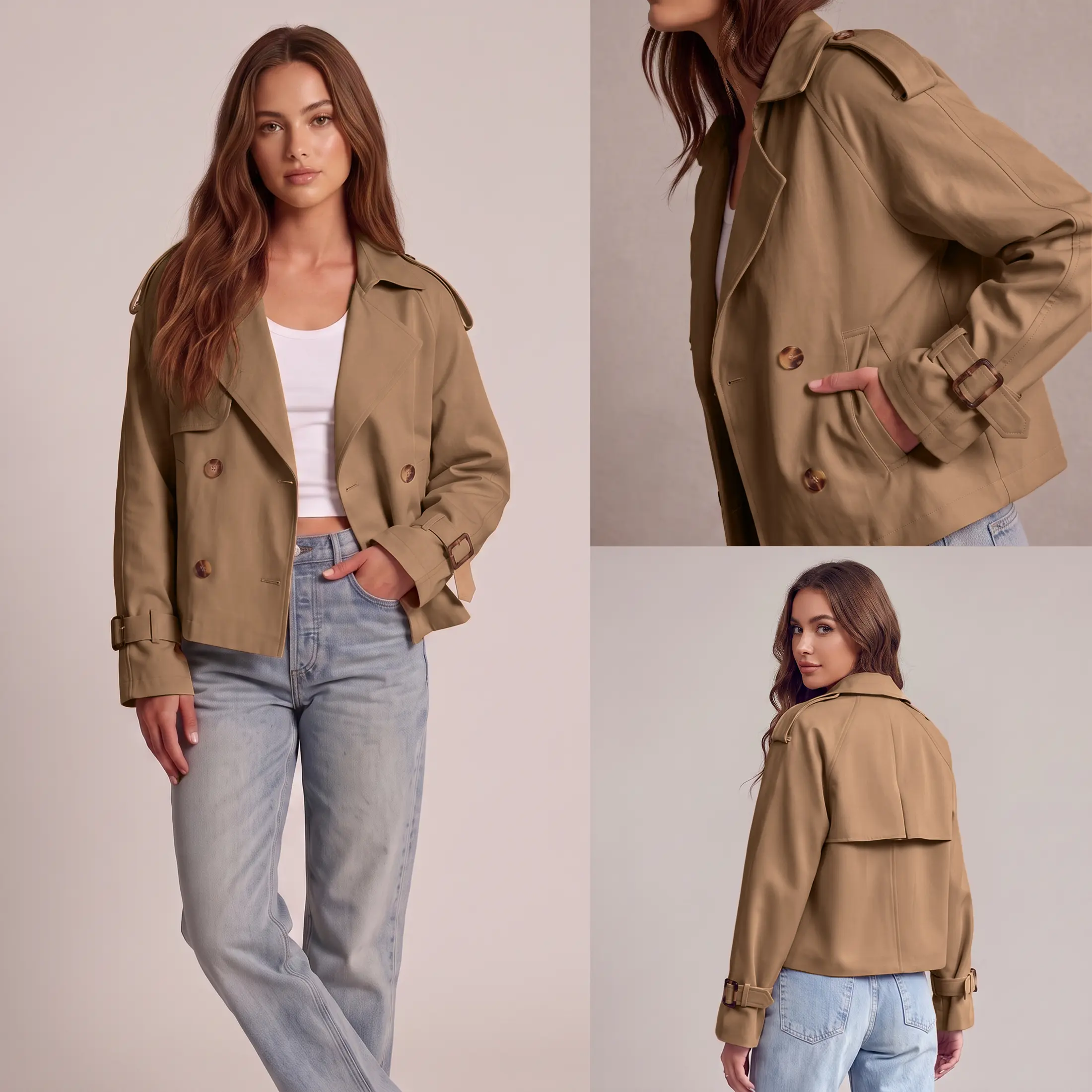 Mundoven Women Crop Double Breasted Trench Coat Short Cropped Jacket | Raglan Sleeve,Work,Office,Dressy Casual,Pockets,Trench Jacket,Trendy,Spring,Fall