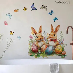 A (30*40cm) flower, rabbit, Easter egg and butterfly Easter wall sticker for decorating and beautifying living room and bathroom backgrounds, self-adhesive decorative sticker M20551
